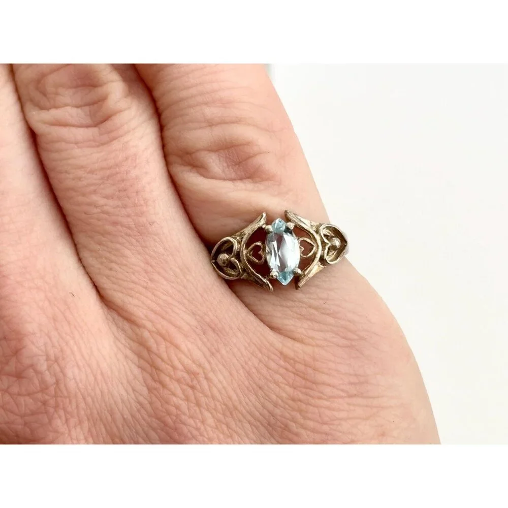 Aquamarine Semi-Precious 925 Solitaire Heart Sterling Silver Vintage Ring - sz 5